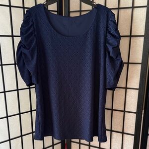 Classic Navy Eyelet Puff Sleeve Women's Top